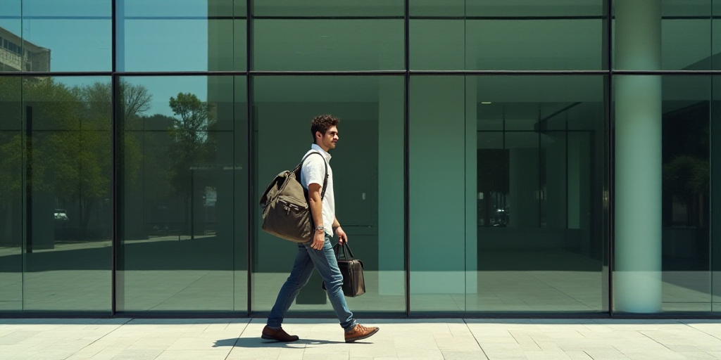 a young man walking past a glass building with a bag on his shoulder and a handbag in his other hand