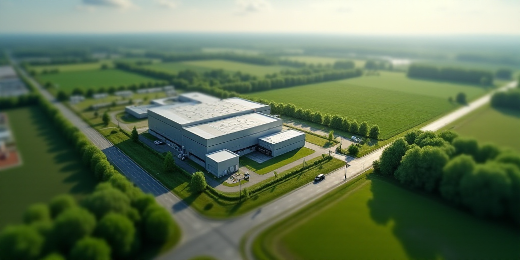 an aerial view of a factory building and a road in the foreground with a green field in the backgrou