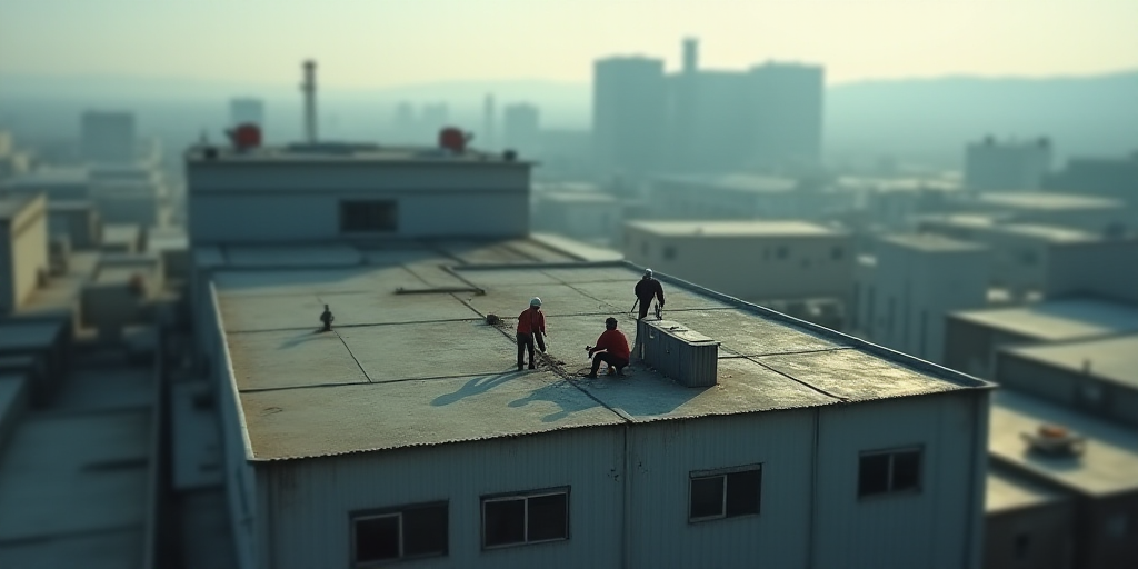 an aerial view of a factory with a large building in the background and a few workers working on the
