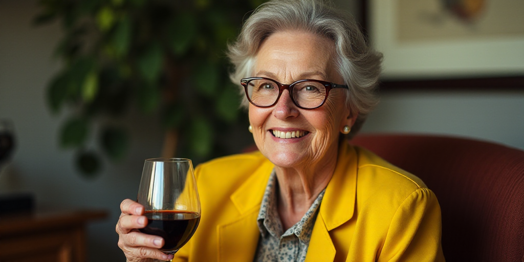 an older woman with glasses and a yellow jacket is holding a wine glass and smiling at the camera wh