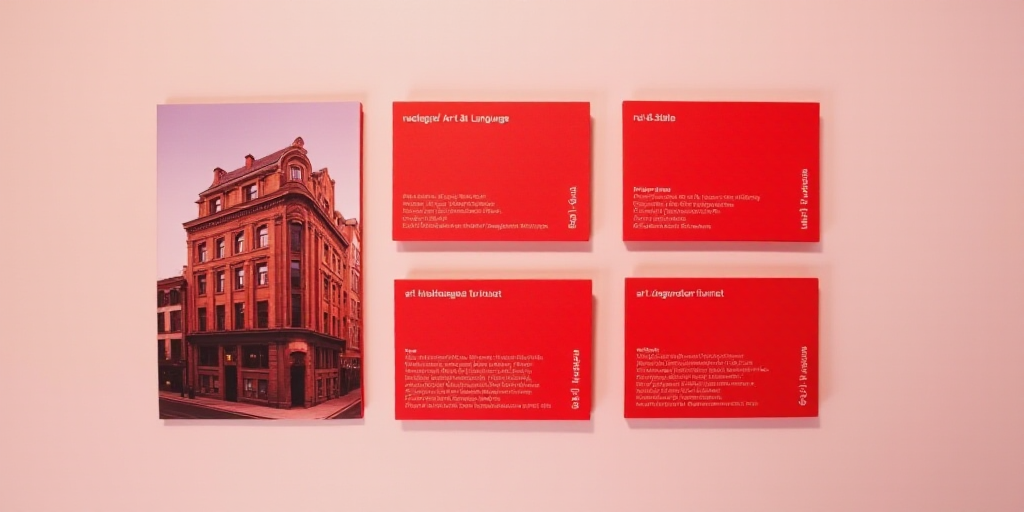 four red business cards with a picture of a building in the background and a text that reads real es