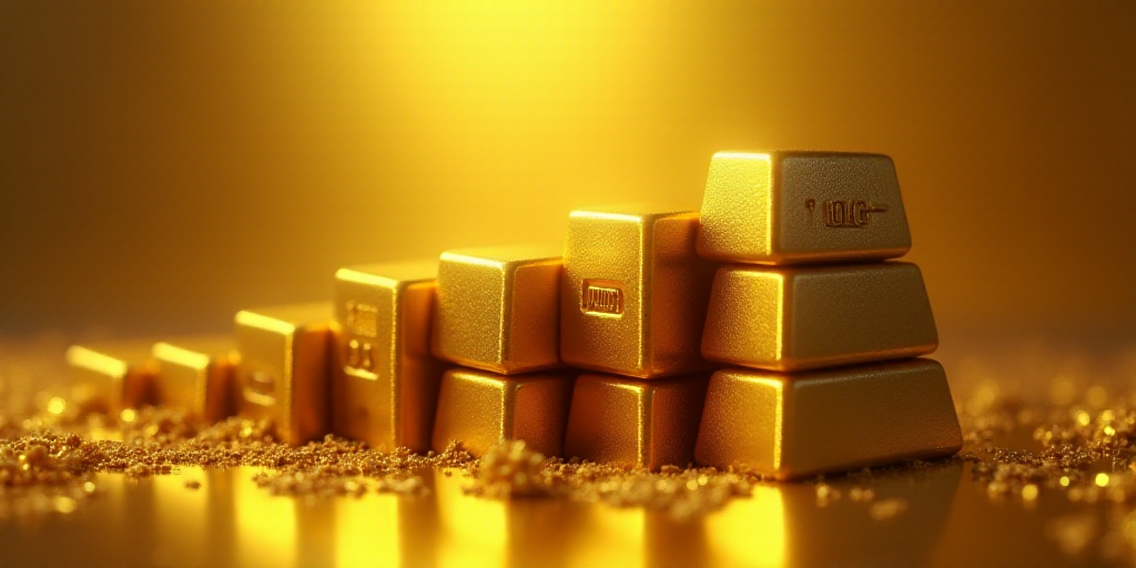 gold bars are stacked on top of each other in a row, with the price of gold in the foreground, Engue