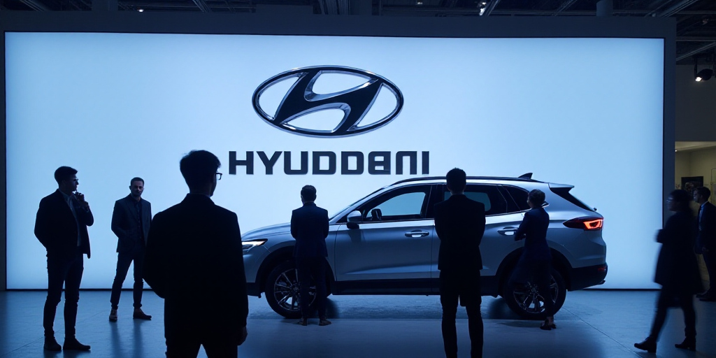people are standing in front of a sign that says hyundai and a car logo is behind them, An Gyeon, lo