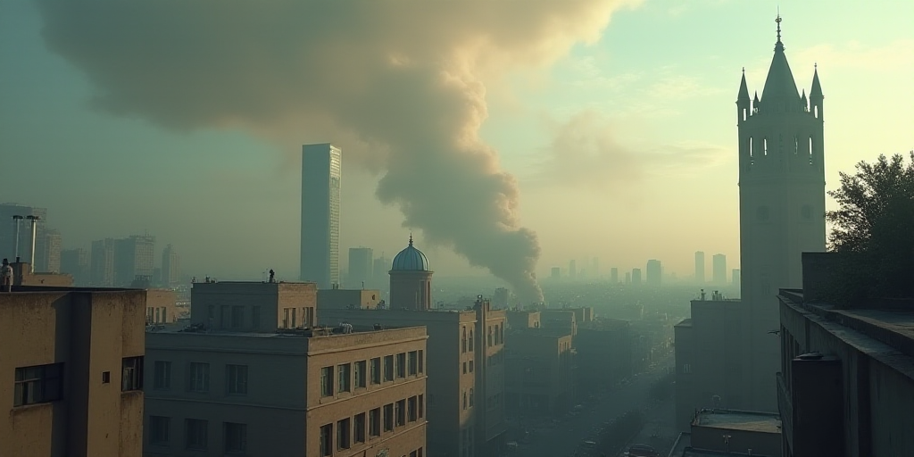 smoke billows from a building in the city of a city with tall buildings and a clock tower in the bac