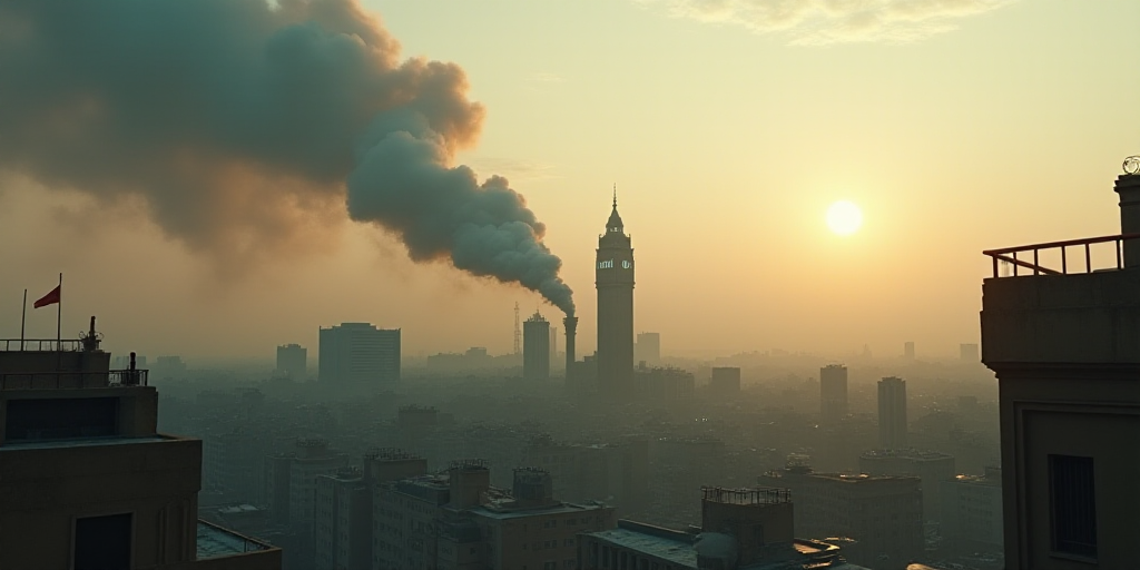 smoke billows from a building in the city of a city with tall buildings and a clock tower in the bac