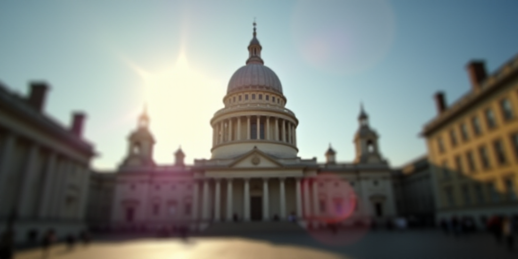 the sun is shining brightly over a building in the city of london, england, on a clear day, Christop