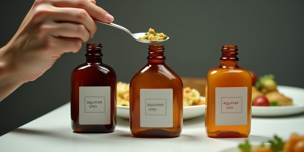 three bottles of contraption sitting on a table with a person holding a spoon in front of them and a