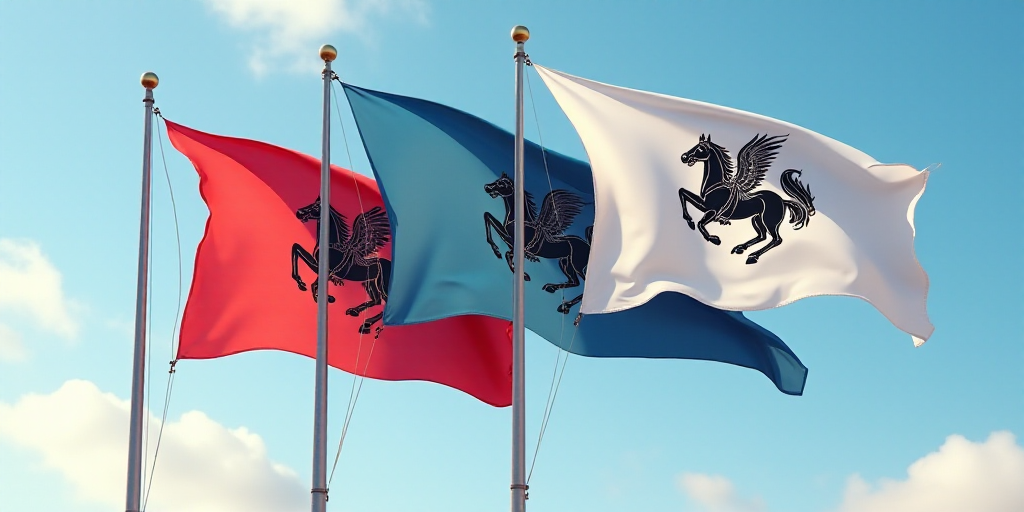 three flags with a horse on them flying in the sky with a sky background and a blue sky with clouds,