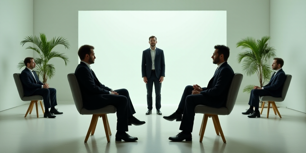 three men sitting in chairs with plants in the middle of them and one man standing in the middle of
