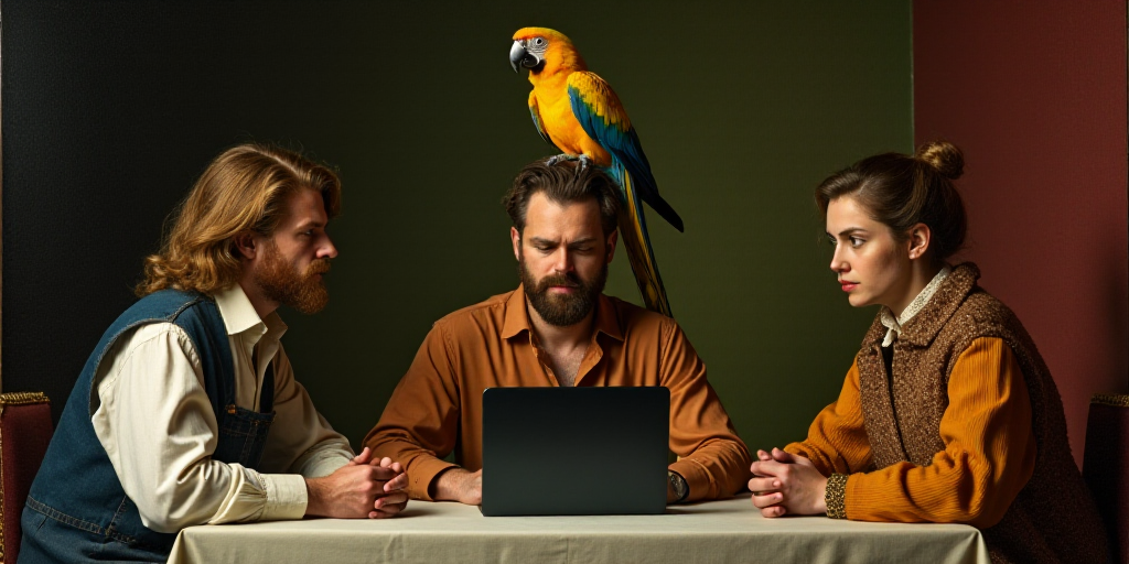 three people sitting at a table with a parrot on top of it and a laptop on the table in front of the