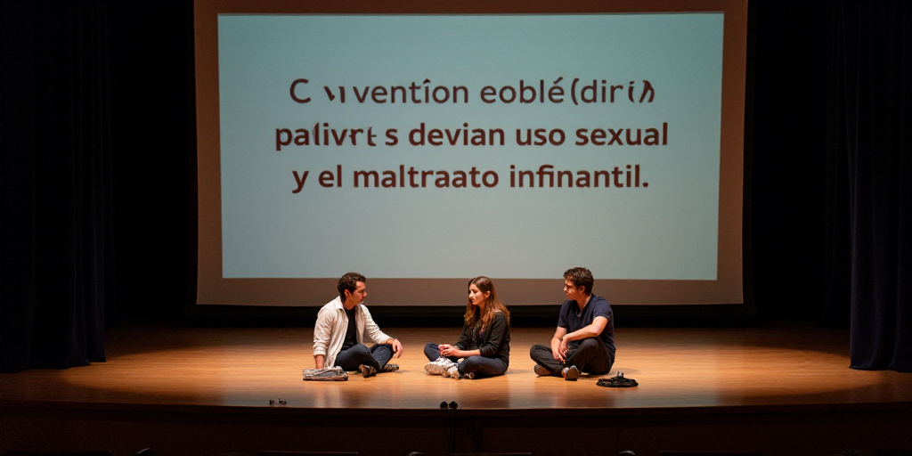 three people sitting on a stage with a sign behind them that says,'the convention sobr de la gravel