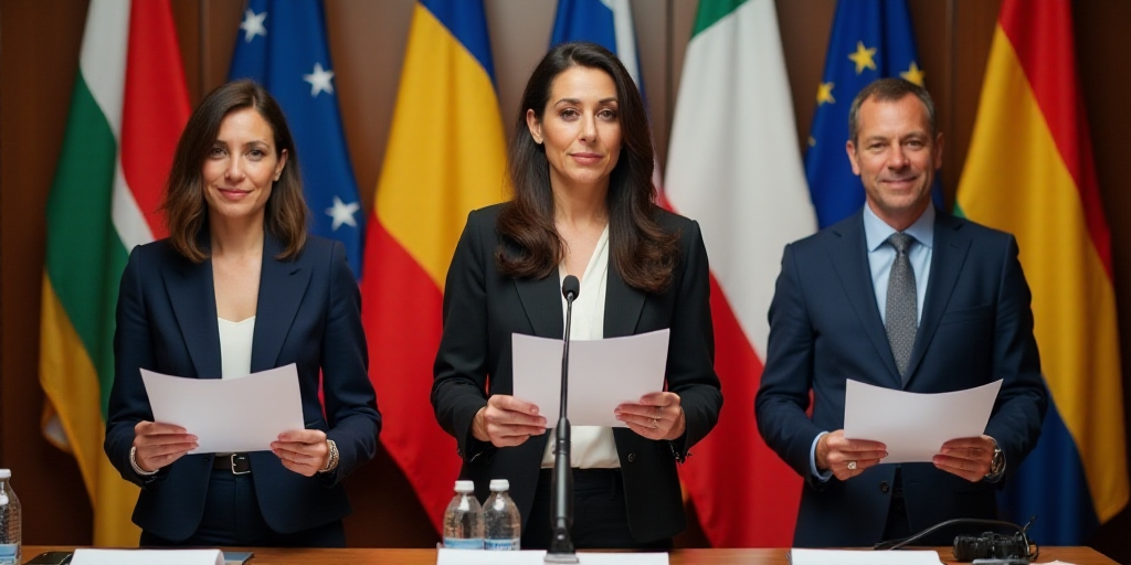 three people standing in front of a table holding papers and a microphone in front of them with flag