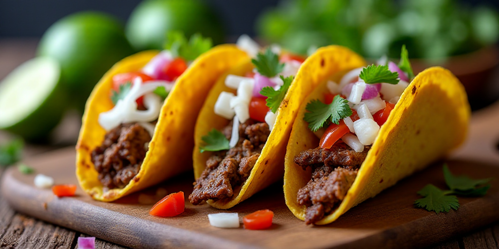 three tacos with meat, onions, and salsa on a cutting board with limes and limes, Estuardo Maldonado