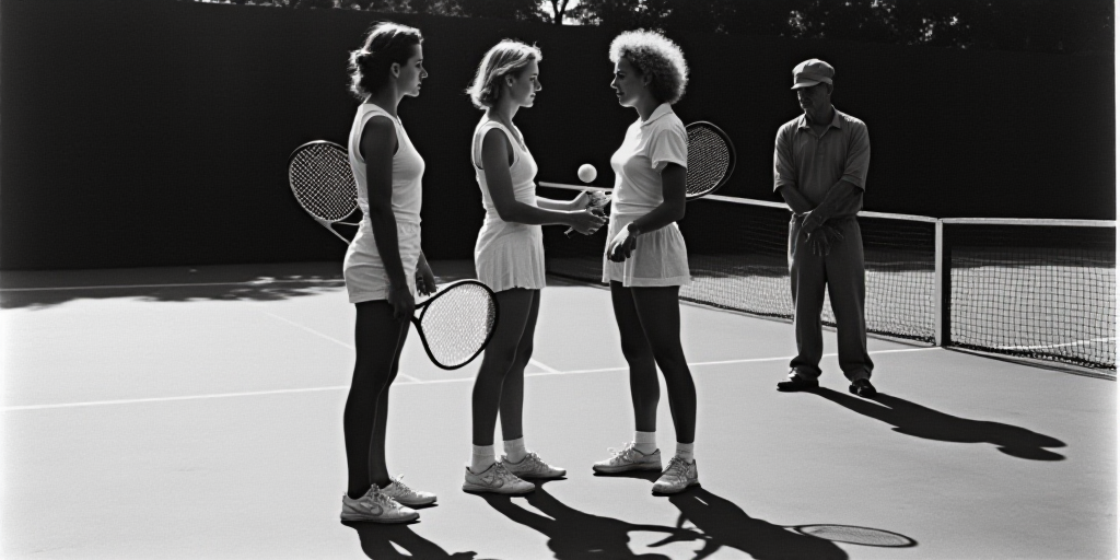three women standing on a tennis court holding racquets and a ball in their hands and a man standing