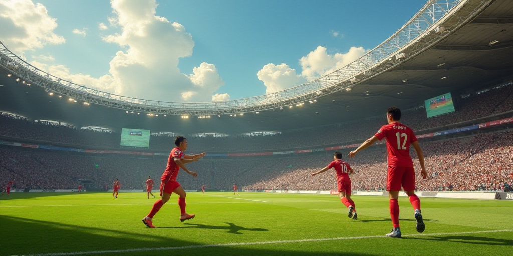 two asian soccer players are celebrating a goal in a stadium with a crowd watching them from the sta