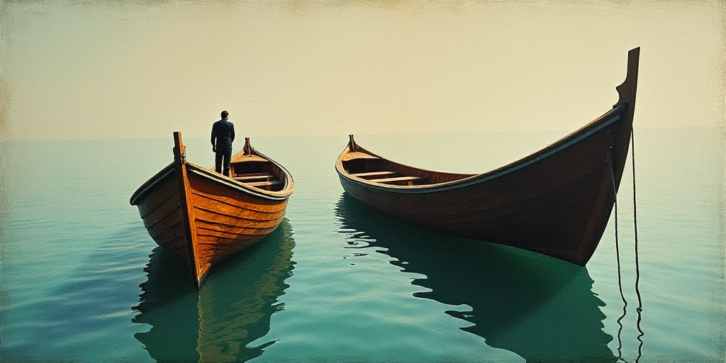 two boats are docked in the water with a man standing on the boat's bow end in the water, Amédée O