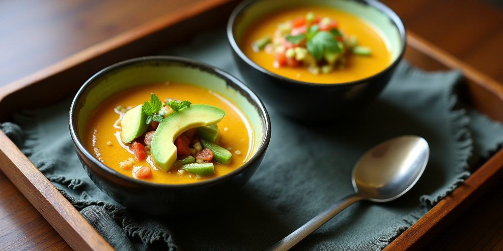 two bowls of soup with avocado and other vegetables on a tray with a spoon and napkin on it, Aquirax