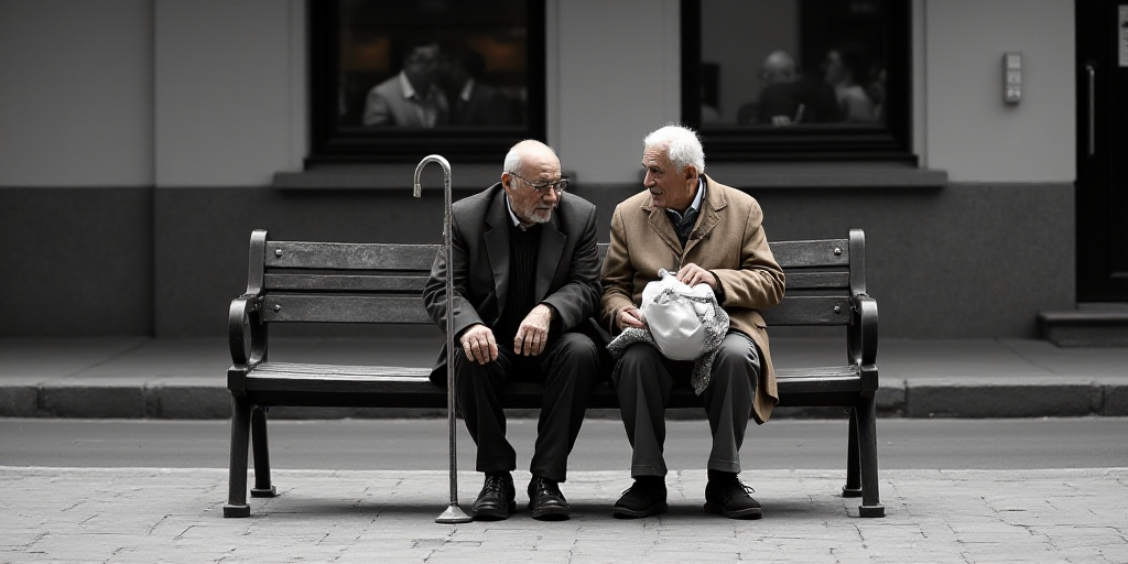 two elderly men sitting on a bench on a city street, one of them holding a cane and the other holdin