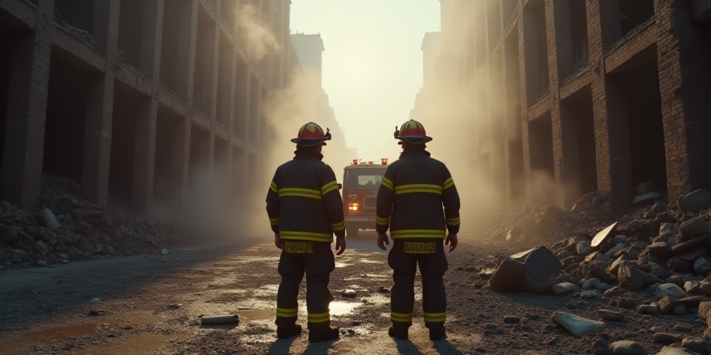 two firemen are standing in a destroyed building with a fire truck in the background and a fire truc