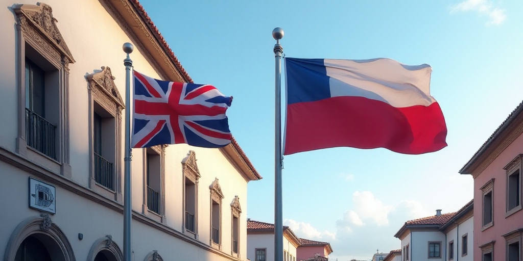 two flags are flying next to each other outside a building with a clock on it's side and a building