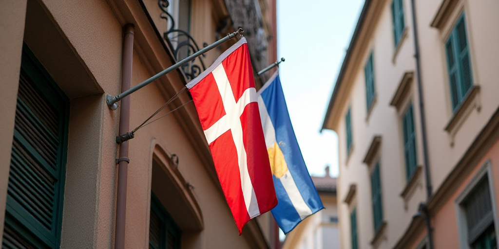 two flags are hanging from a building with a clock on it's side and a flag on the other side, Aquira