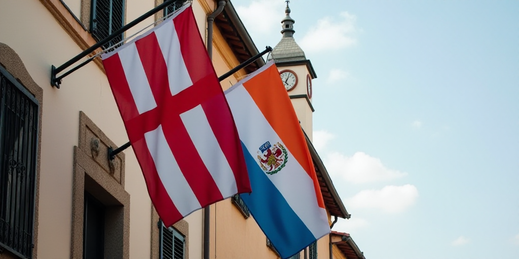 two flags are hanging from a building with a clock on it's side and a flag on the other side, Aquira
