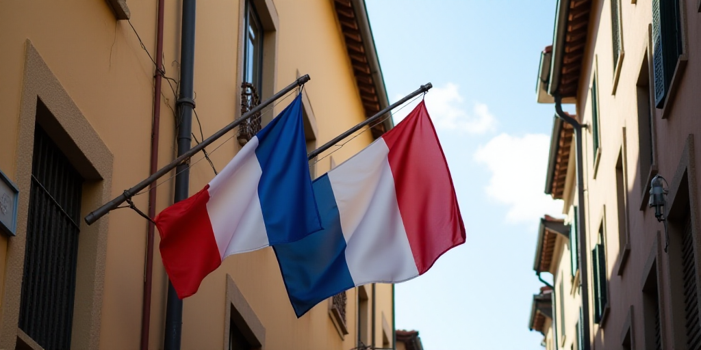 two flags are hanging from a building with a clock on it's side and a flag on the other side, Aquira