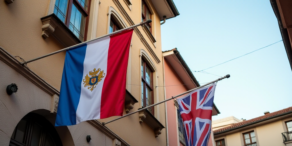 two flags are hanging from a building with a clock on it's side and a flag on the other side, Aquira