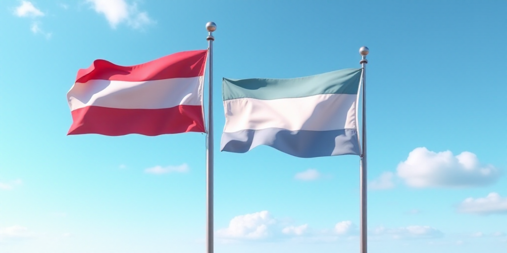 two flags flying in the air with a blue sky in the background with clouds in the background and a bl