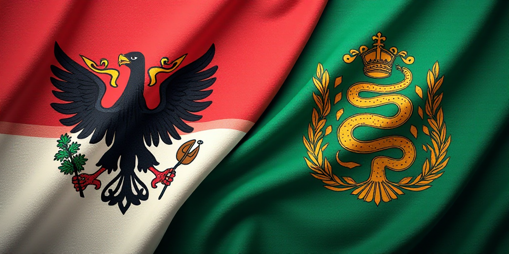 two flags of different countries are shown together in this picture, one of them is a eagle and the