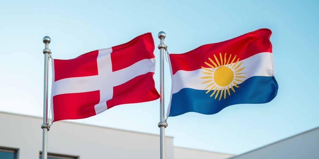 two flags of different countries flying next to each other in the wind with a sky background and a w