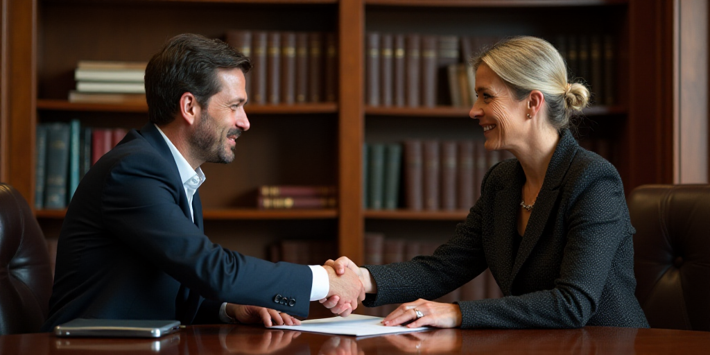 two men and a woman shaking hands in front of a table with a flag on it and a bookcase behind them,