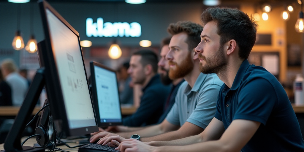 two men are looking at a computer screen in a store with other people in the background and a sign t