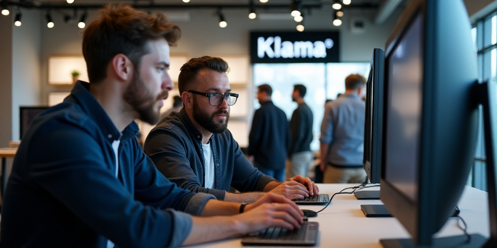 two men are looking at a computer screen in a store with other people in the background and a sign t