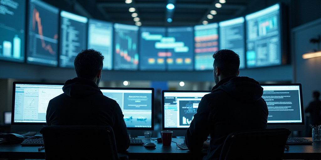 two men are looking at multiple computer screens in a building with many screens on it and a man in