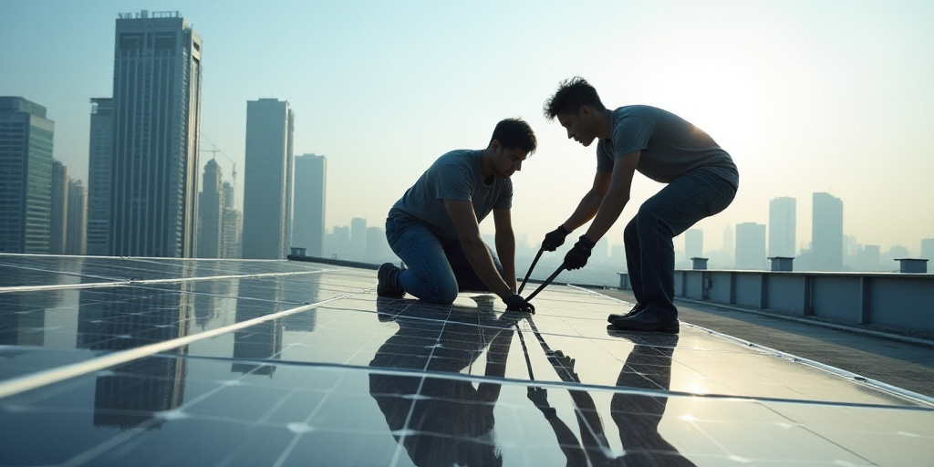 two men are working on a solar panel on a roof top in a city setting with tall buildings in the back