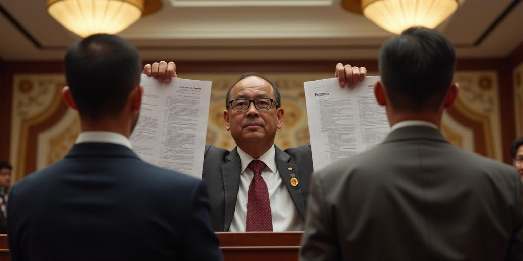 two men holding up papers in front of a crowd of people at a convention or conference hall with a ma