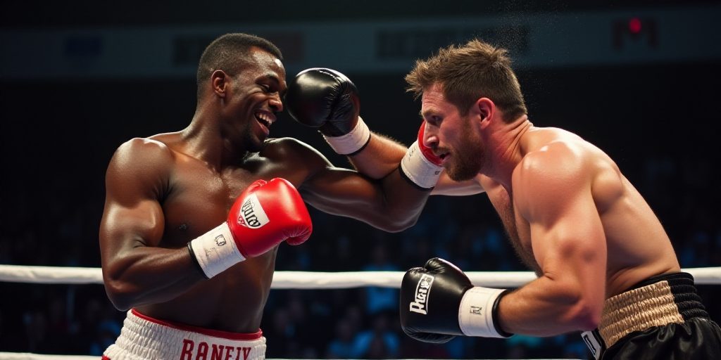 two men in a boxing ring with one of them hitting the other with a punch on the head of the other, C