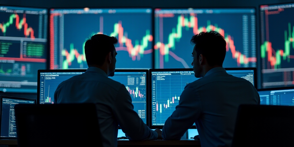 two men in a trading room looking at a computer screen with a stock market on it's wall, Andries Sto