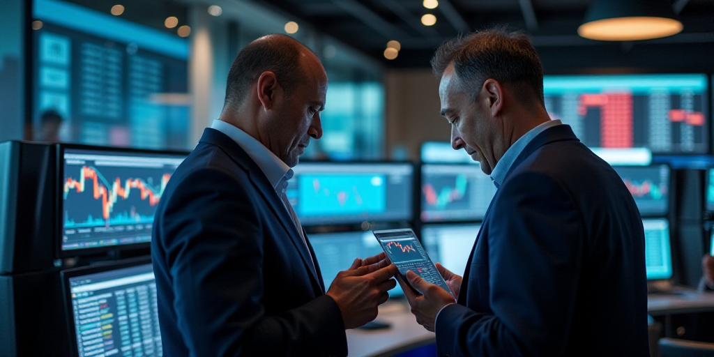 two men in a trading room looking at a tablet computer screen and a tablet pc screen with a stock ma