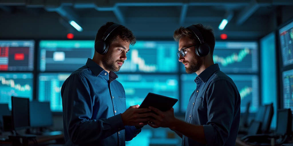two men in a trading room looking at a tablet computer screen and talking to each other with headpho