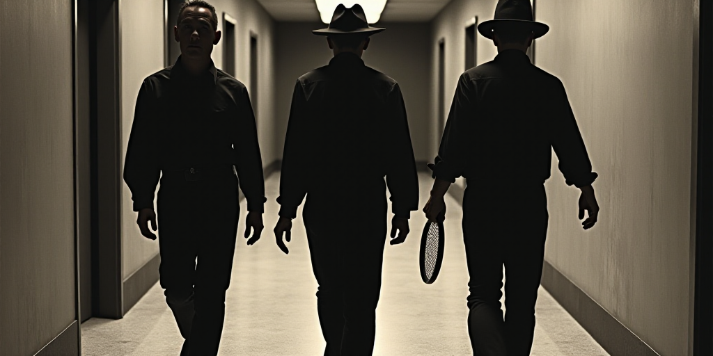 two men in black shirts and a man in a black hat are walking down a hallway with a racket, Clyfford