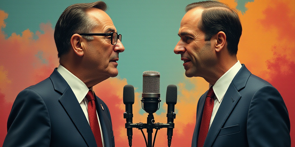 two men in suits and ties are speaking into microphones in front of a microphone with a flag behind