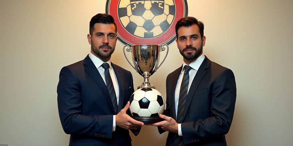 two men in suits and ties holding a trophy and a ball in front of a wall with a logo, Aníbal Villac
