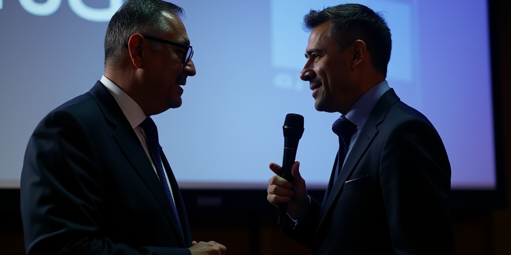 two men in suits are standing in front of a screen and talking to each other while one man holds a m