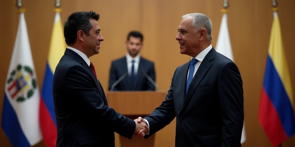 two men in suits shaking hands in front of flags and a podium with a flag in the background and a ma