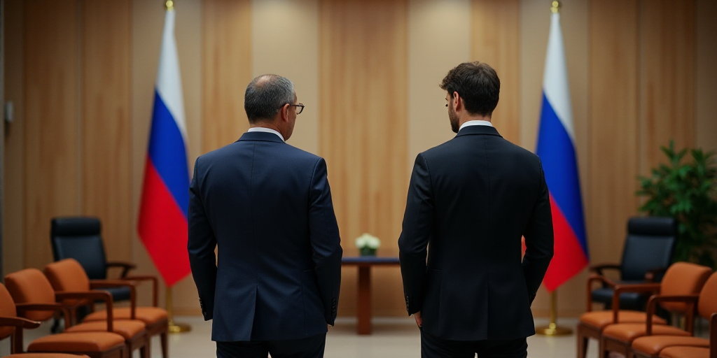 two men in suits standing in front of flags and chairs in a room with a table and chairs in front of