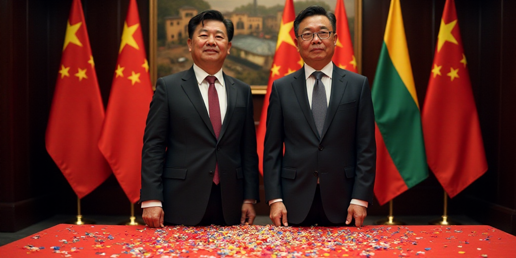two men in suits standing next to a table with flags on it and confetti falling from the top of the