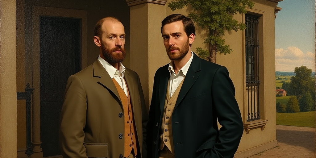 two men in suits standing next to each other in front of a building with a tree in the background, D