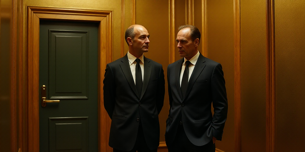 two men in suits standing next to each other in a room with gold walls and a doorway with a door, Ar
